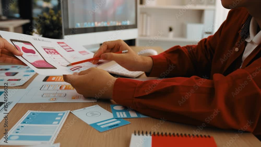 Poster excellent startup company employee presenting user interface prototype for mobile application to sma
