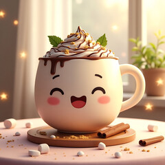 Cute Cartoon Hot Chocolate Mug with Whipped Cream and Cinnamon Sticks