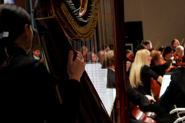 Woman playing harp in front of symphony orchestra on stage in black formal suits