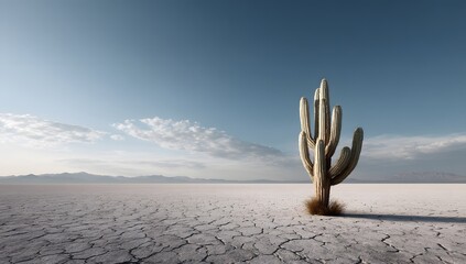 A tall cactus, resembling a 'giving the finger' gesture, stands alone in a vast desert landscape with cracked earth and distant mountains under a clear blue sky