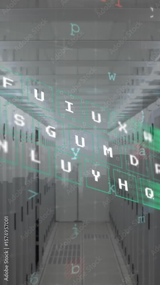Aufkleber animation of cyber security data processing against computer sever room
