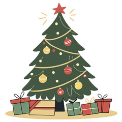 Festive illustration of a decorated Christmas tree adorned with colorful ornaments and a star, surrounded by beautifully wrapped presents, creating a joyful holiday atmosphere