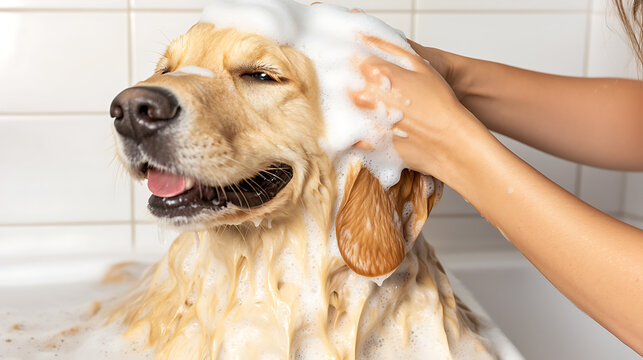 Dog getting a bath. Fluffy golden retriever with soap suds on its head enjoys being pampered by its owner with a good washing.