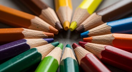 Fototapeta premium Close-up of saturated colored pencils arranged in circle, tactile wooden texture