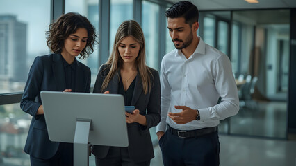A group of three diverse business professionals, two women and one man, standing in a modern office setting, surrounded by floor-to-ceiling windows with a blurred cityscape view, are intensely focused