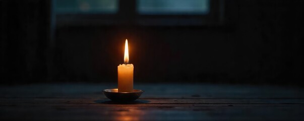 A single, flickering candle flame illuminates a darkened room, symbolizing hope, faith, and spiritual enlightenment; a path to inner peace and divine connection is suggested , spirituality, ascension