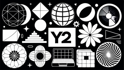 Fototapeta premium Y2K Aesthetic & Abstract Geometric Vector Set - Monochrome Grids, Globes & Retro Futurism Elements