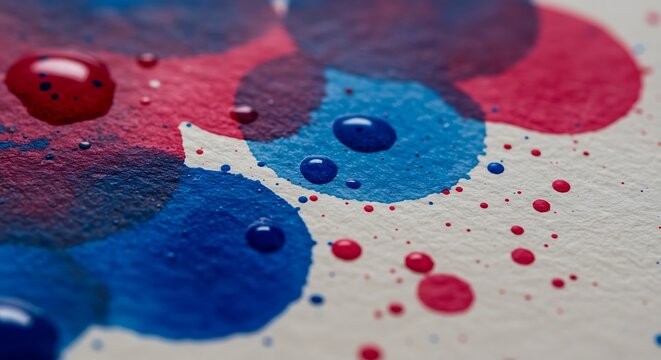 Close-up of saturated watercolor splashes on paper, tactile wet texture, bold colors