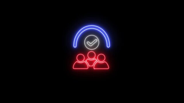 Neon Users concept line icon with chick mark, team project glowing icon. Management Business Team Leader Sign shying on black background.