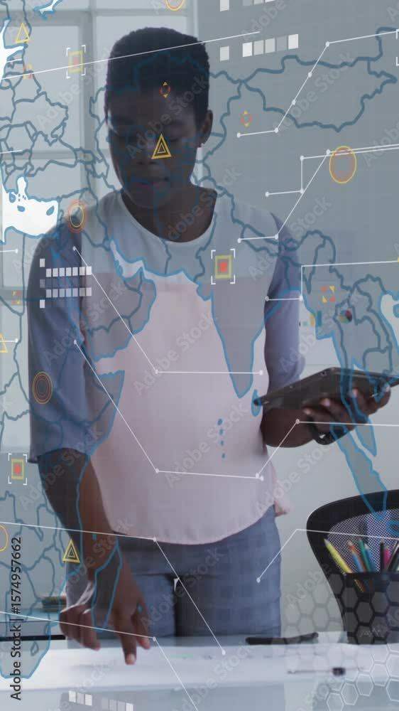 Poster animation of world map and data processing against two diverse woman discussing at office