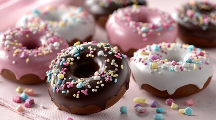 Pastel glazed donuts collection  colorful dessert treats