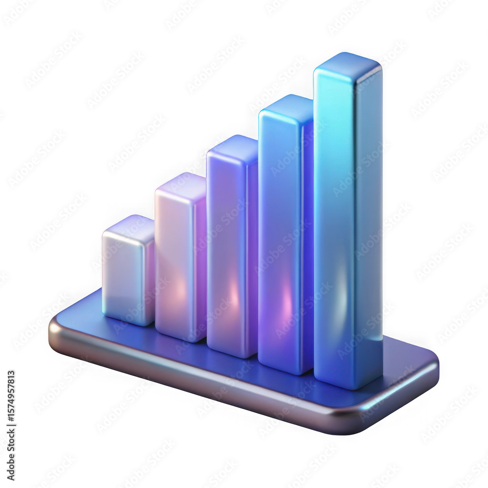 Poster 3d iridescent bar chart showing growth and progress isolated on transparent background
