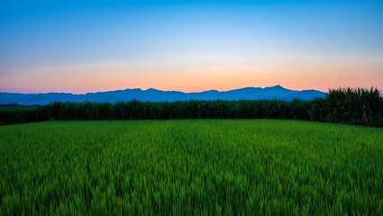 Obraz premium Lush green rice field stretches to the mountains at sunset