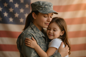 Veteran mother hugging daughter military family american flag support