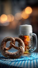Bavarian pretzel with beer mug  traditional german snack