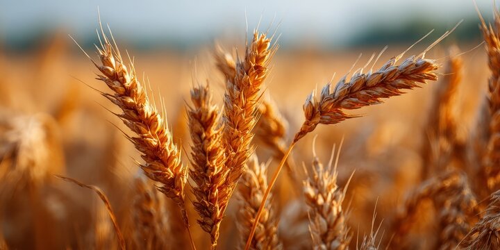 Golden Grain Field: Close-up of sun-kissed wheat heads swaying gently in a field, embodying the essence of nature's abundance and the warmth of a summer day.