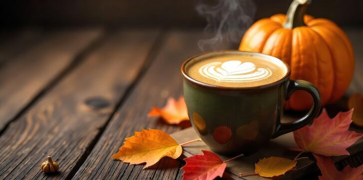 A steaming mug of pumpkin spice latte art sits on a rustic wooden table next to a whole pumpkin and autumn leaves Perfect for fall-themed recipes, blogs, and seasonal menus , creamy, spice