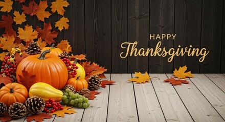 Thanksgiving Background Autumn Harvest Pumpkins Leaves and Rustic Wood