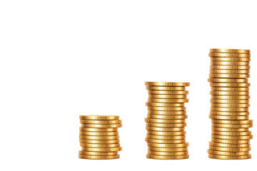 Gold Coin Stacks Growing, Isolated on White Transparent Background