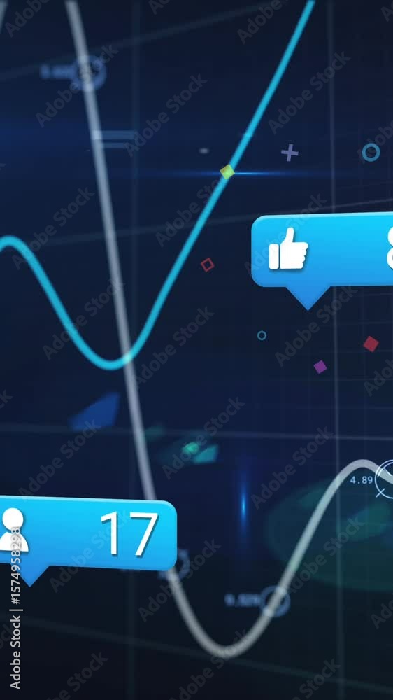 Poster animation of social media icons and data processing over grid network against blue background