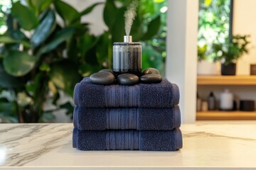 Dark blue towels stacked on a counter with spa stones and a diffuser.