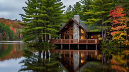 A cozy cabin reflects in the calm lake during the autumn season