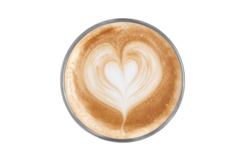 Coffee latte with heart art, top view, isolated on white transparent background