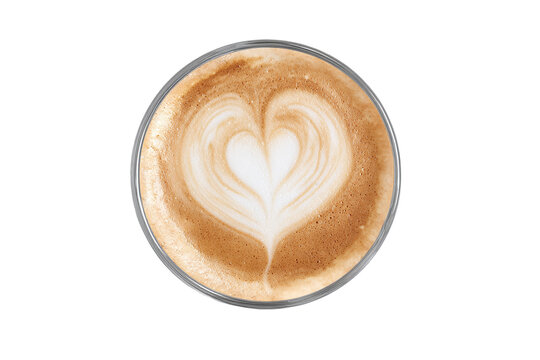 Coffee latte with heart art, top view, isolated on white transparent background