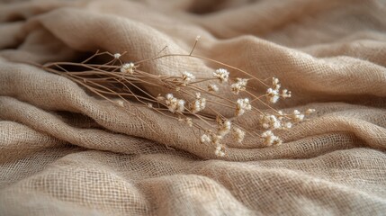 Dried flowers arranged on a beige linen fabric.