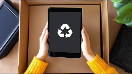 Woman hands holds digital tablet displaying a recycling symbol. Recycling of used technology gadgets, donations for reuse - Powered by Adobe