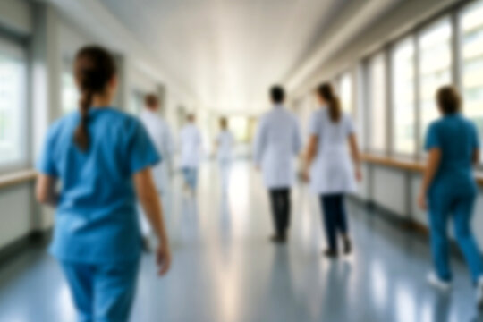 blurred for background. blurred figures of doctors and nurses in a hospital corridor. Doctors and nurses walking in hospital hallway. blurred motion. Moving human figure in the clinic corridor
