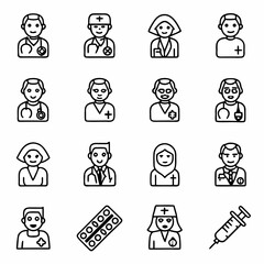 Medical healthcare professionals doctors nurses and medical supplies vector icons for healthcare industry