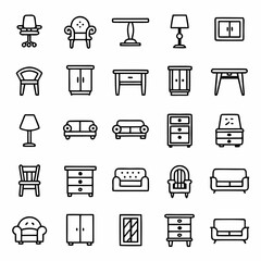 Furniture icons set vector illustration of sofa chair table lamp cabinet and other home interior elements