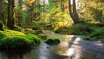 Obraz premium water flows quietly past a sunlit riverbank covered with vibrant green moss and dense vegetation