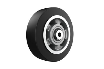 Versatile Industrial Caster Wheel: Cleanly Isolated Black Rubber and Metallic Hub Component for Diverse Engineering, Factory, Transport, and Material Handling Systems. High-Quality Product Photography