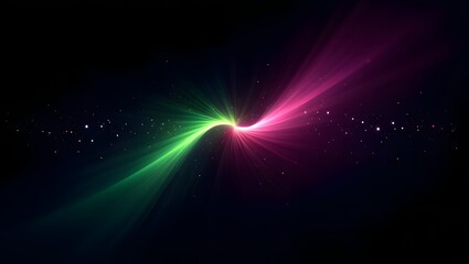 Abstract space background with green and pink light trails and glowing stars art
