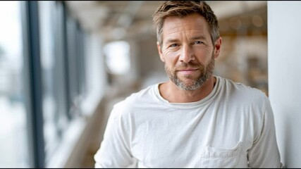 A middle-aged Caucasian man with short brown hair and a beard stands in a bright, modern workspace. He wears a white shirt and looks thoughtfully out the window. - Powered by Adobe