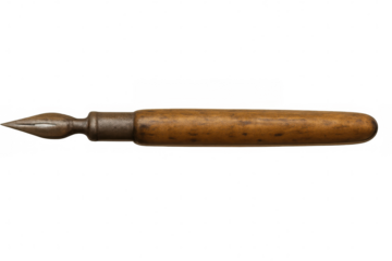 Vintage writing quill featuring metallic nib, wooden handle, resting against clean background, highlighting classic penmanship tools