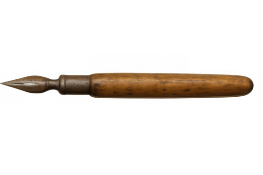 Vintage writing quill featuring metallic nib, wooden handle, resting against clean background, highlighting classic penmanship tools