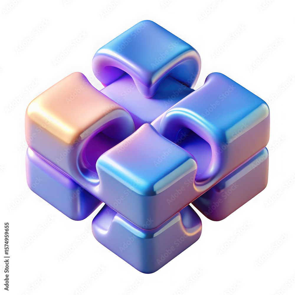 Poster abstract iridescent geometric cube shape with rounded edges isolated on transparent background
