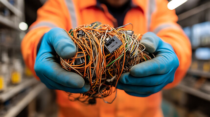 Worker holding bundle of discarded electronic wiring. Orange wires and dark components show the e-waste challenge.