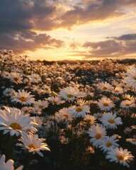 Beautiful field of daisies during a vibrant sunset with dramatic sky and warm sun rays
