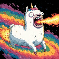 Whimsical Cartoon Unicorn-Llama Hybrid Shooting Fire from Its Mouth in Space Scene