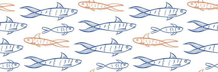 Marine fish Seamless pattern. Doodle Sardines in blue and orange color in white background. Ideal for wrapping paper, textiles, packaging and summer themed goods. Outline nautical vector illustration.
