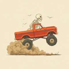 Illustration of a Skeleton Riding a Red Monster Truck Through Dusty Terrain with Birds in the Sky