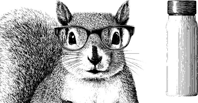 Quirky squirrel with glasses and bottle - engraved black and white artwork