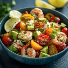 Fresh Shrimp and Tomato Salad with Avocado Lime and Cherry Tomatoes in a Blue Bowl
