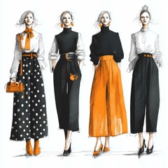 Fashion Illustration of Four Stylish Women in Trendy Outfits with Orange and Black Colors