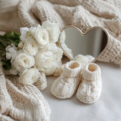Cozy Baby Feet with Knit Booties, White Flowers, Heart Mirror, and Soft Textures in Neutral Tones