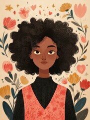 Digital Illustration of a Woman with Curly Hair Surrounded by Flowers and Hearts in a Warm Color Palette
